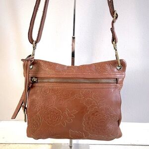 Fossil Sasha Floral Tooled Stitched British Tan Leather Crossbody Bag ZB2989